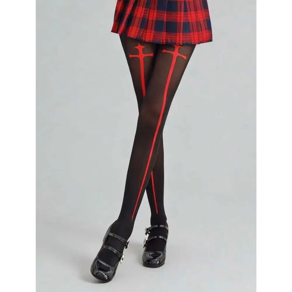 NWT Black & Red Gothic Cross Print Tights